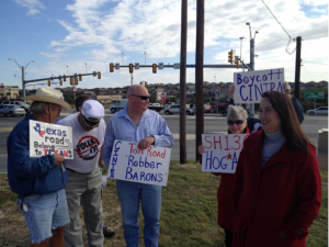 Terri Hall, a Texas home school mother of nine turned citizen activist leads a protest against foreign toll road company, Cintra