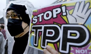  A protester holds a placard during a rally against the Trans-Pacific Partnership (TPP) in Tokyo. Photograph: Shizuo Kambayashi/AP