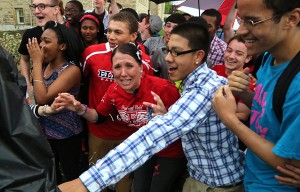 Stacie Starr reacts to winning the Top Teacher contest (Bruce Bishop/ Chronicle-Telegram